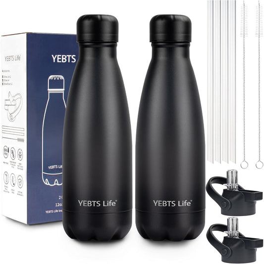 Insulated Water Bottle,2 Pack-9oz Stainless Steel Water Bottles with straw lid,Metal Sports Thermos Water Bottles for Boys,Girls,Double Wall Vacuum BPA-Free Flask for School, Sports & Travel-Black
