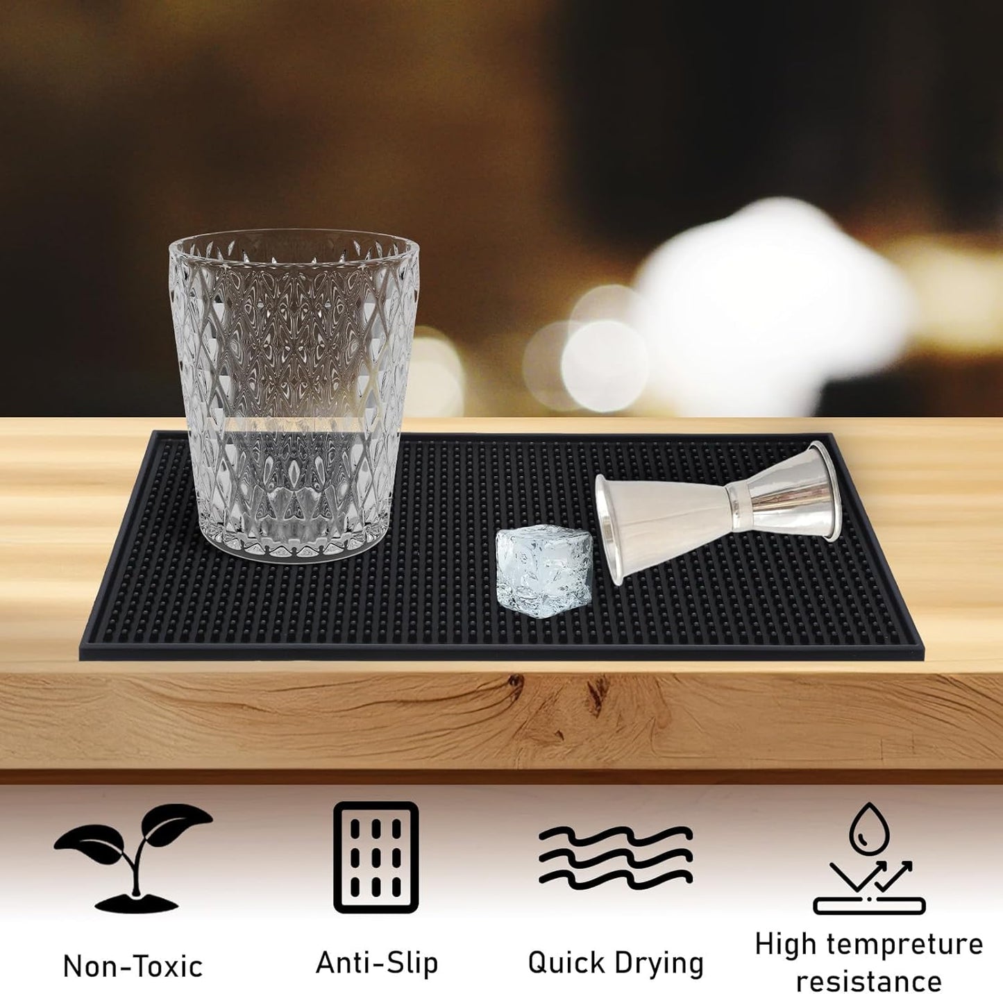 6 Pack Black Bar Mat - 6" x 12" Rubber Bar Mats for Countertop, Non-Slip Spill Mas for Bartending, Coffee, Kitchen & Home Bars, Durable PVC Bars Top Mat for Glasses & Drinks
