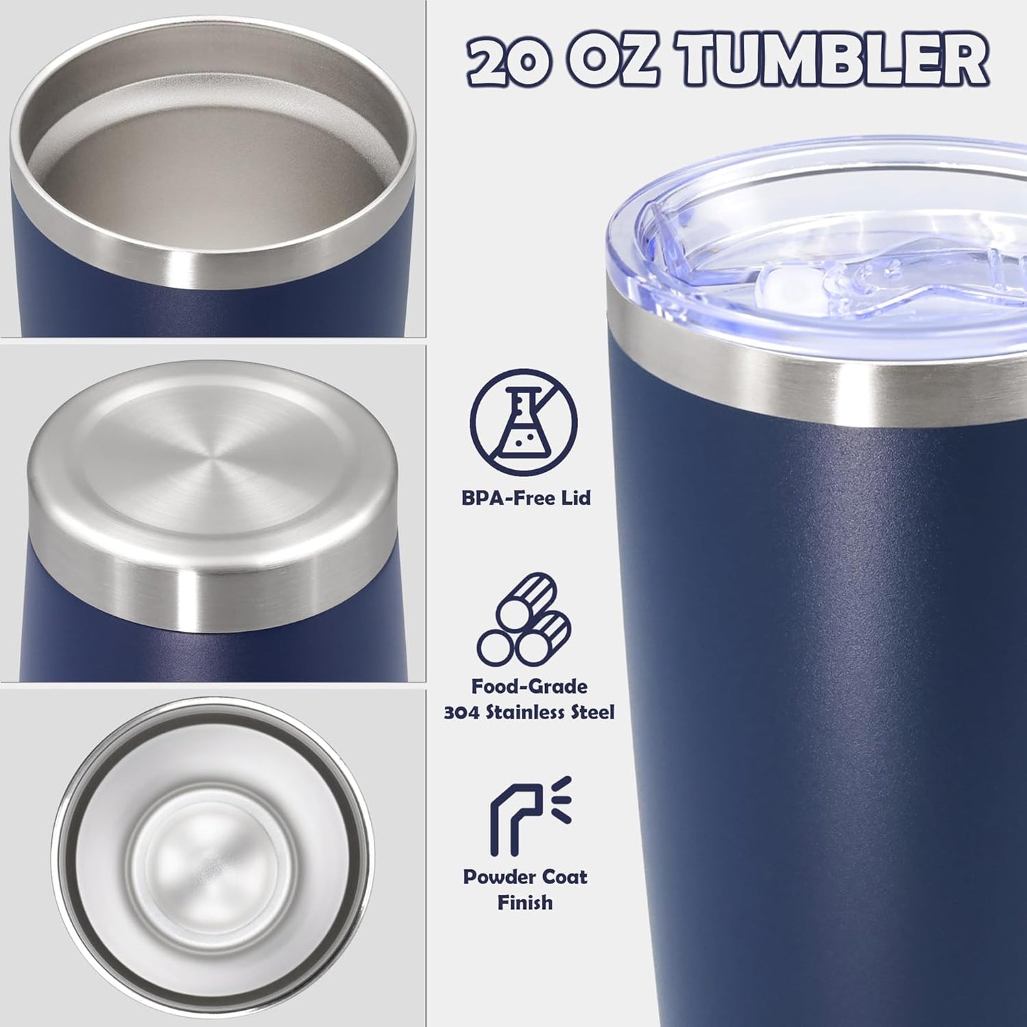 20oz Tumbler Bulk Stainless Steel Tumbler Cup with Lid Vacuum Insulated Double Wall Travel Mug, Durable Powder Coated Travel Coffee Tumbler Mug for Hot & Cold Drinks, Navy,12 Pack