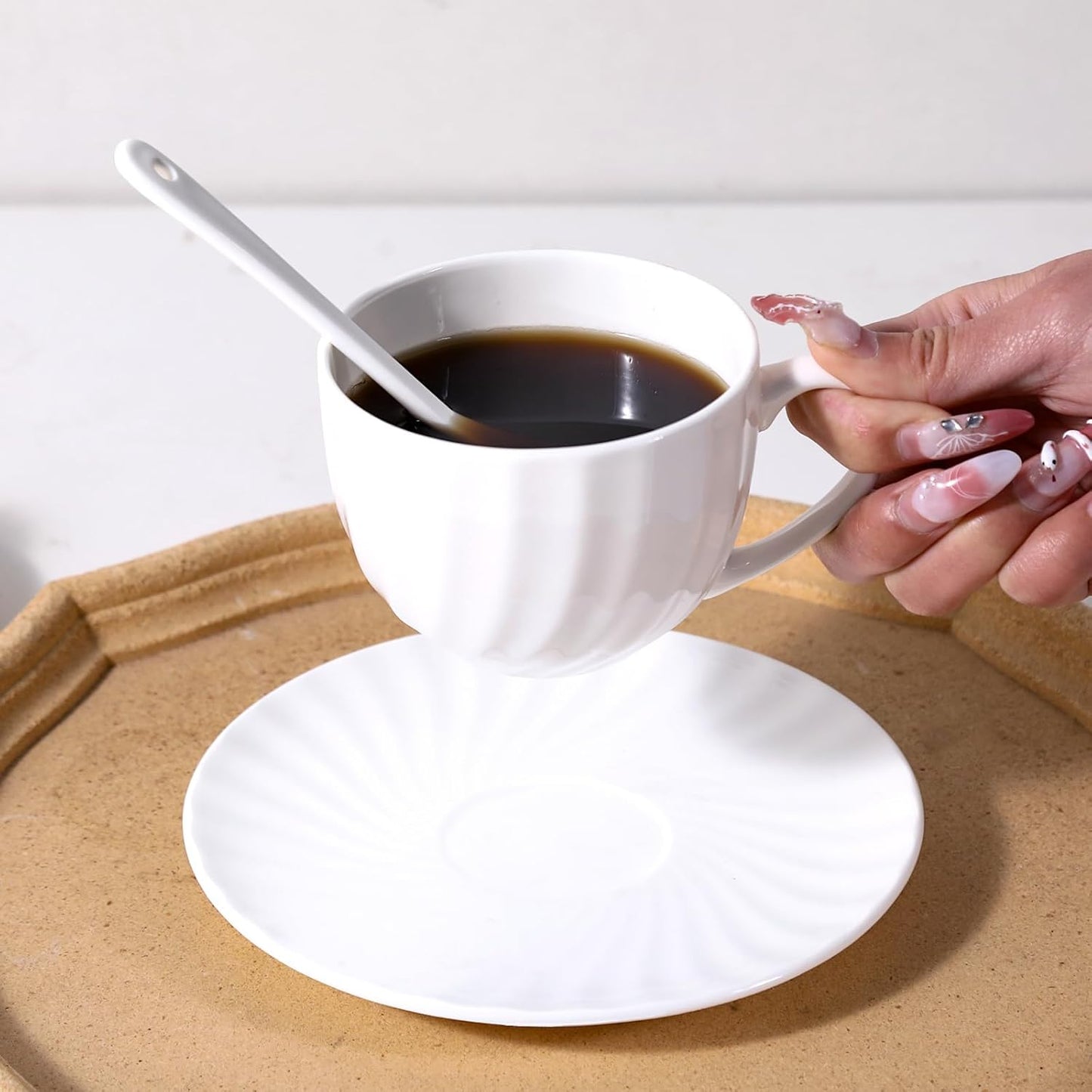 Fine Bone China Cappuccino Mugs Set of 4, 7 Oz Spiral Pattern Lightweight Ceramic, Art Coffee Cups with Saucers, for Latte, Mocha, Tea, Espresso, Macchiato, Americano