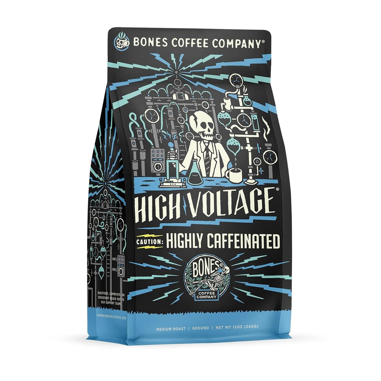 Bones Coffee Company High Voltage, Highly Caffeinated Unflavored Coffee, Medium Roast Low Acid Arabica Beans Compatible with Auto drip and French Press Coffee Maker, 12 Oz Ground