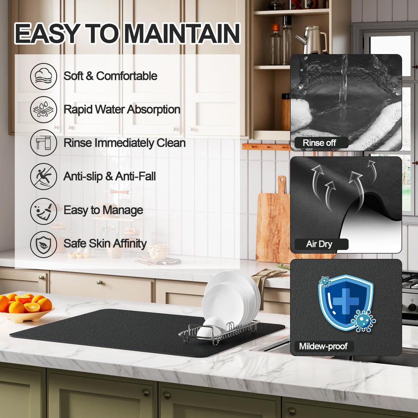 Dish Drying Mat for Kitchen Counter | Coffee Bar Mat for Countertops | Heat Resistant Drainer Mat with Non-slip Rubber Backed | Hide Stain Kitchen Absorbent Draining Mat | Black 18"x28"