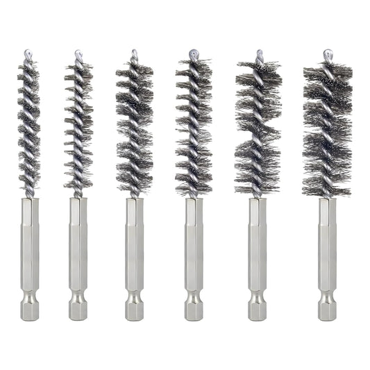 Bore Brush for Drill – 6pcs Stainless Steel Wire Tube Brush in Different Sizes, Twisted Wire Cleaning Brush with 1/4" Hex Shank, bore Brush Copper Pipe Cleaner for Power Drill & Tube Cleaning