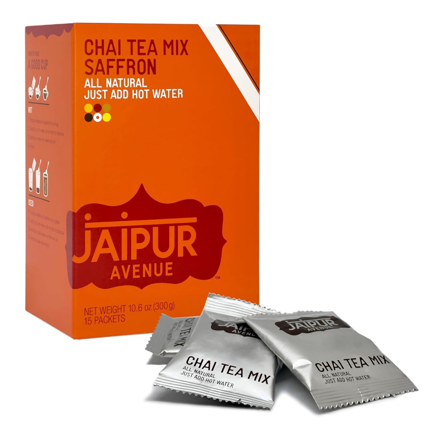 Jaipur Avenue Saffron Chai Tea Mix Crafted with All-Natural Assam Black Tea, Saffron, Cardamom, Cane Sugar, and Premium Dry Milk - Preservative-Free, Gluten-Free (15 Servings)
