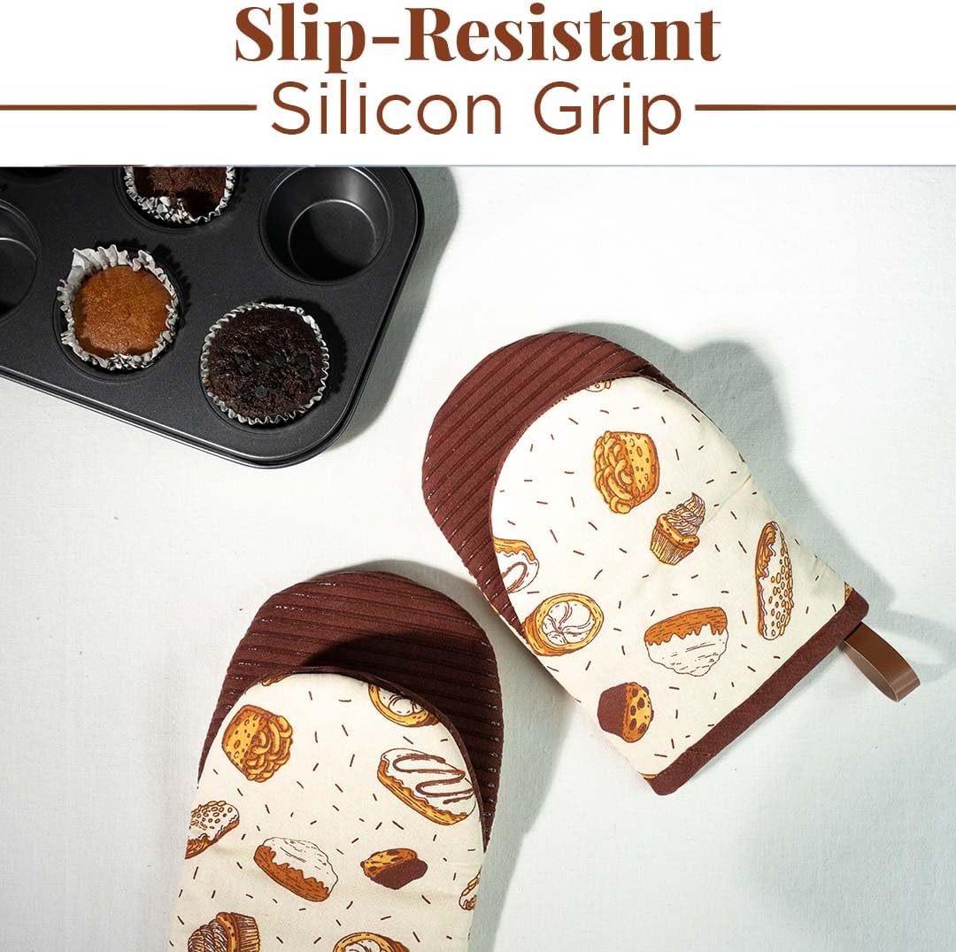 Folkulture Mini Oven Mitts Heat Resistant | (5.75 x 9) Set of 2 Short Oven Mitts with Hanging Loop | 100% Cotton Oven Gloves or Kitchen Mittens | Small Silicone Oven Mits or Baking Accesories