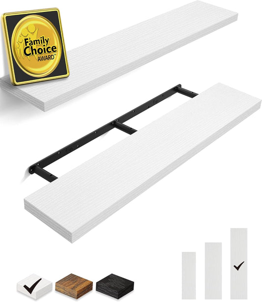 BAYKA Floating Shelves, 48" Wall Mounted Rustic Wood Shelves for Bathroom, Bedroom, Living Room, Kitchen, Office, Hanging Shelf for Books/Storage/Decor(White,Set of 2)