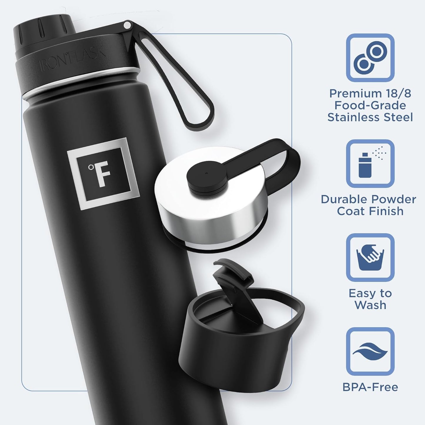 IRON °FLASK Camping & Hiking Hydration Flask with 3 Lids - Stainless Steel, Double Walled & Vacuum Insulated Water Bottle - Leak Proof & BPA Free (Dark Night, Spout - 22 oz)