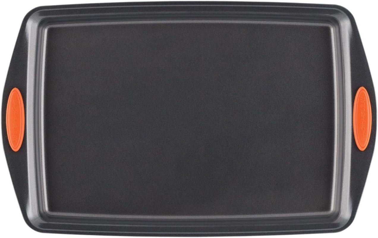 Rachael Ray Nonstick Bakeware Set with Grips, Nonstick Cookie Sheets / Baking Sheets - 3 Piece, Gray with Orange Grips