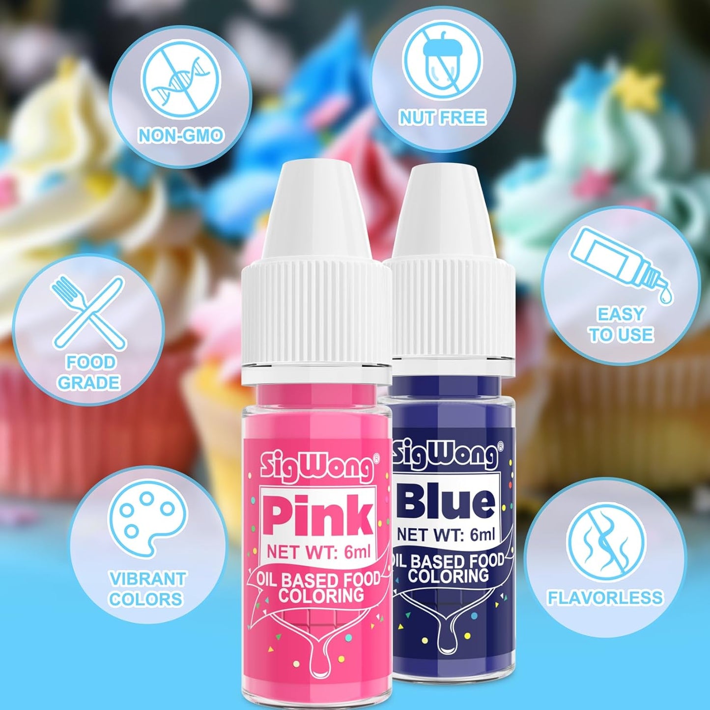 Oil Based Food Coloring - 8 Colors Upgraded Food Coloring for Chocolate, SigWong Oil Based Food Dye for Cake Decorating, Baking, Cookies, Icing Frosting, Fondant - 0.25 Fl.Oz/Bottles