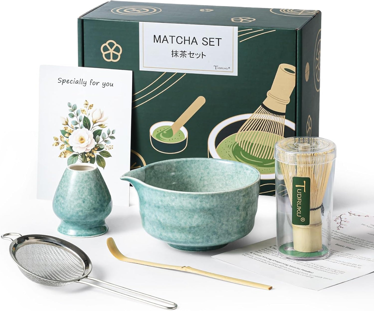 Matcha Whisk Set - Bamboo Whisk and Holder, Bowl with Spout (17 oz), Matcha Sifter and Scoop, 5 Pcs Cute Matcha Kit Set Gift for Matcha Lovers (Bluish Green)