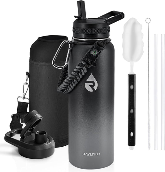 Insulated Water Bottle 40 oz, Triple Wall Vacuum Stainless Steel (Cold for 48 Hrs), Leak Proof & Non-BPA, Modern Water Flask Jug with Paracord Handle & Straw Spout Lids, Dark Grey