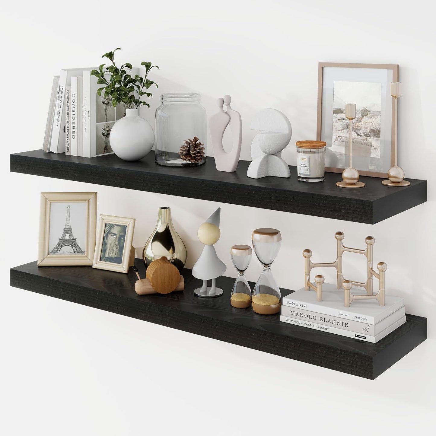 36 Inch Floating Shelves, 9.3" Deep Floating Shelf Wall Mounted, 36" Wall Shelves, Rustic Deep Bookshelf, Large Display Shelves & Storage Shelves for Bedroom, Living Room, Black, Set of 2