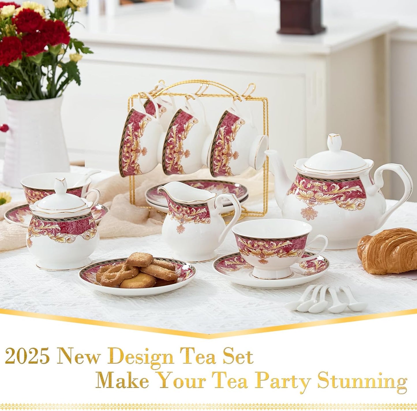 DUJUST 22 pcs Royal Vintage Porcelain Tea Set for 6, Luxury British Tea Sets for Adults with Red Patterns & Golden Trim, Beautiful Floral Tea/Coffee Cup Set, Gift Package - Royal Treat for You
