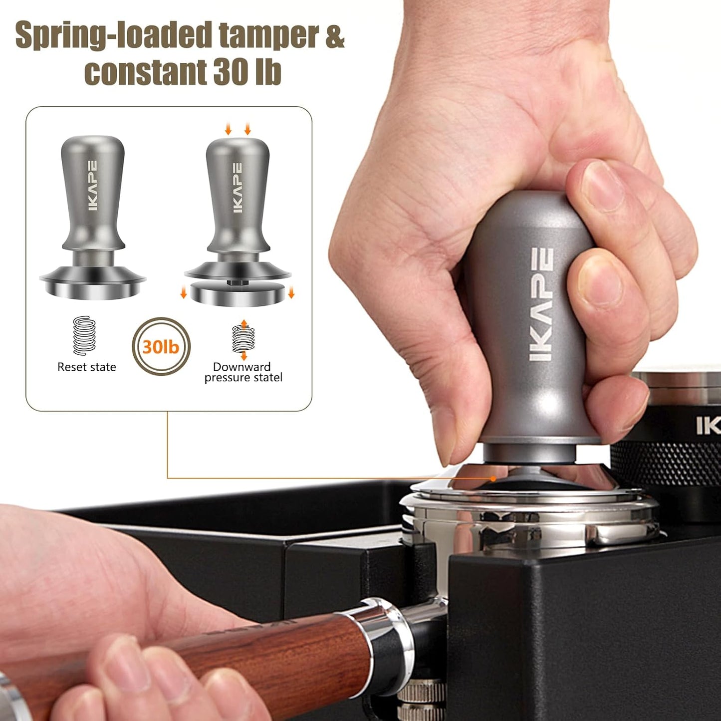 IKAPE 51MM Palm Espresso Tamper, Premium Barista Coffee Tamper with Calibrated Spring Loaded, 100% Flat Stainless Steel Base Tamper for Espresso Machine