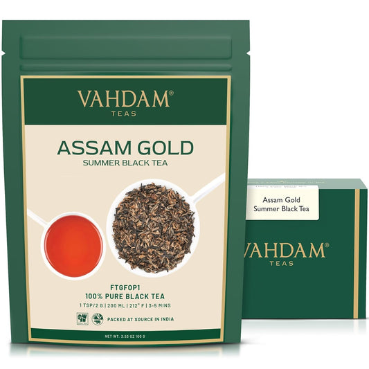 VAHDAM, Second Flush ASSAM GOLD (50 Cups) | 100% PURE UNBLENDED Black Tea Loose Leaf | Black Tea Leaves with GOLDEN TIPS | Brew as Hot or Iced Tea | 3.53oz