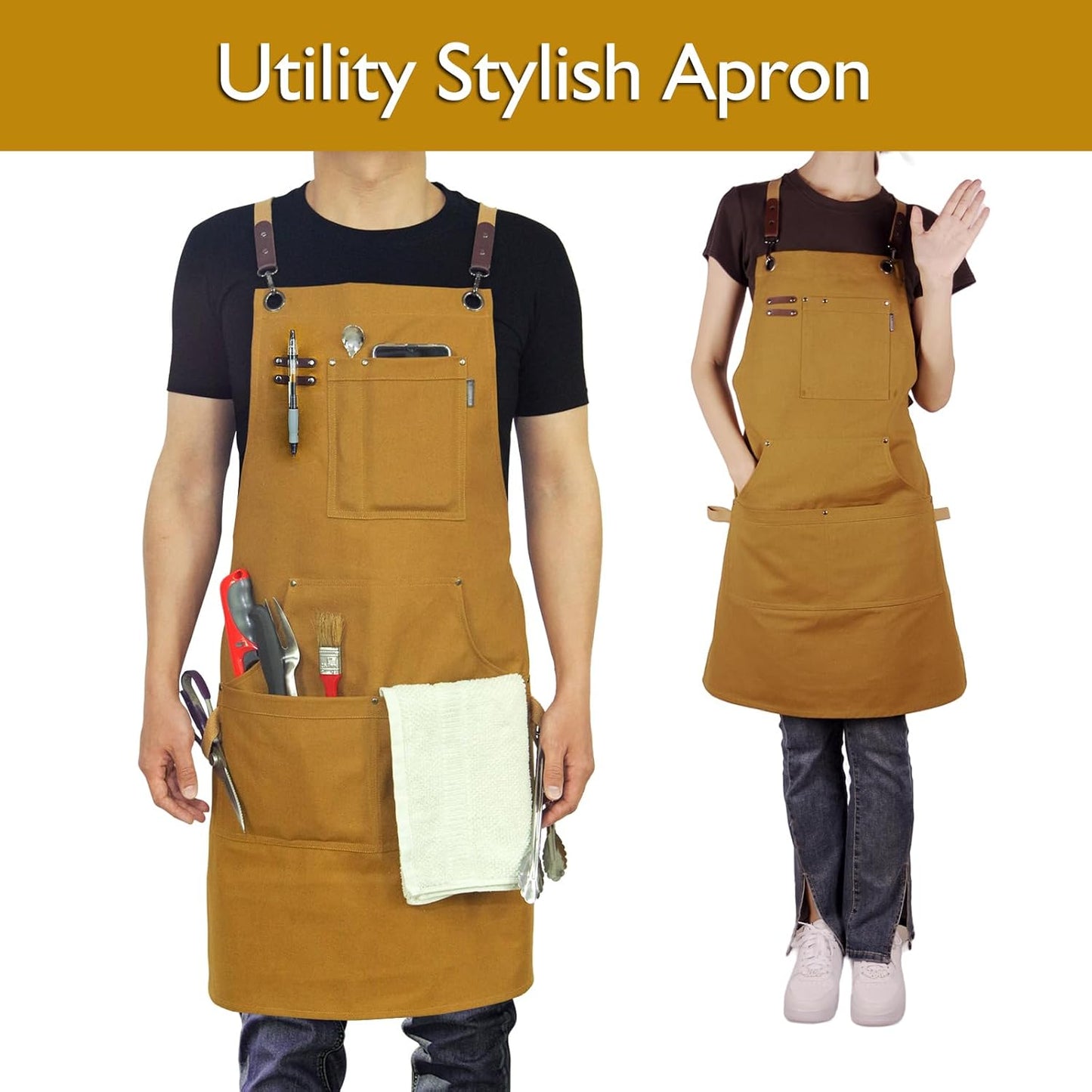 Kitchen Apron, Work Apron, Canvas, Multiple Pockets, Gardening, Painting, BBQ, Artist, Carpenter, Sizes M to XXL, Khaki