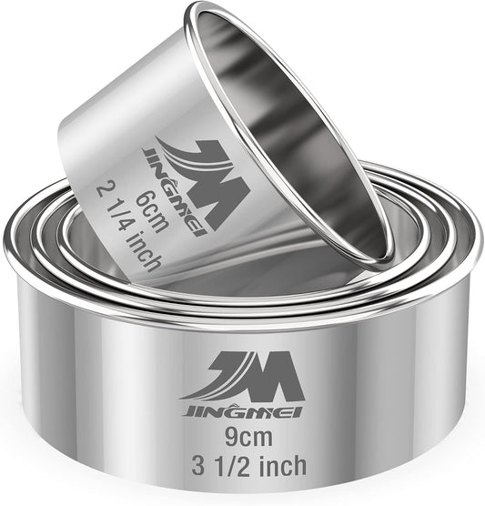 M JNGMEI 4 Pieces Stainless Steel Cookie Cutter Set Biscuit Cutter 2.25inch, 2.75inch, 3.25inch,3.5inch Biscuit Plain Edge Round Cutters Sizes Shape Molds Multiple Sizes