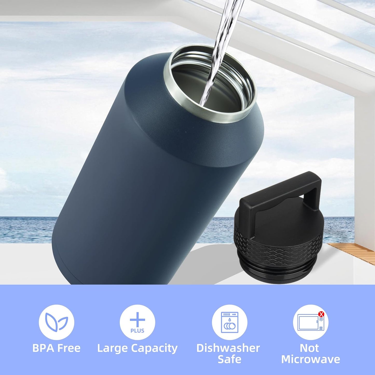 BJPKPK Half Gallon Water Bottle Insulated, Dishwasher Safe 64 oz Water Bottle with Handle, Leakproof BPA Free Water Jug, Large Stainless Steel Thermos for Sports, Navy Blue