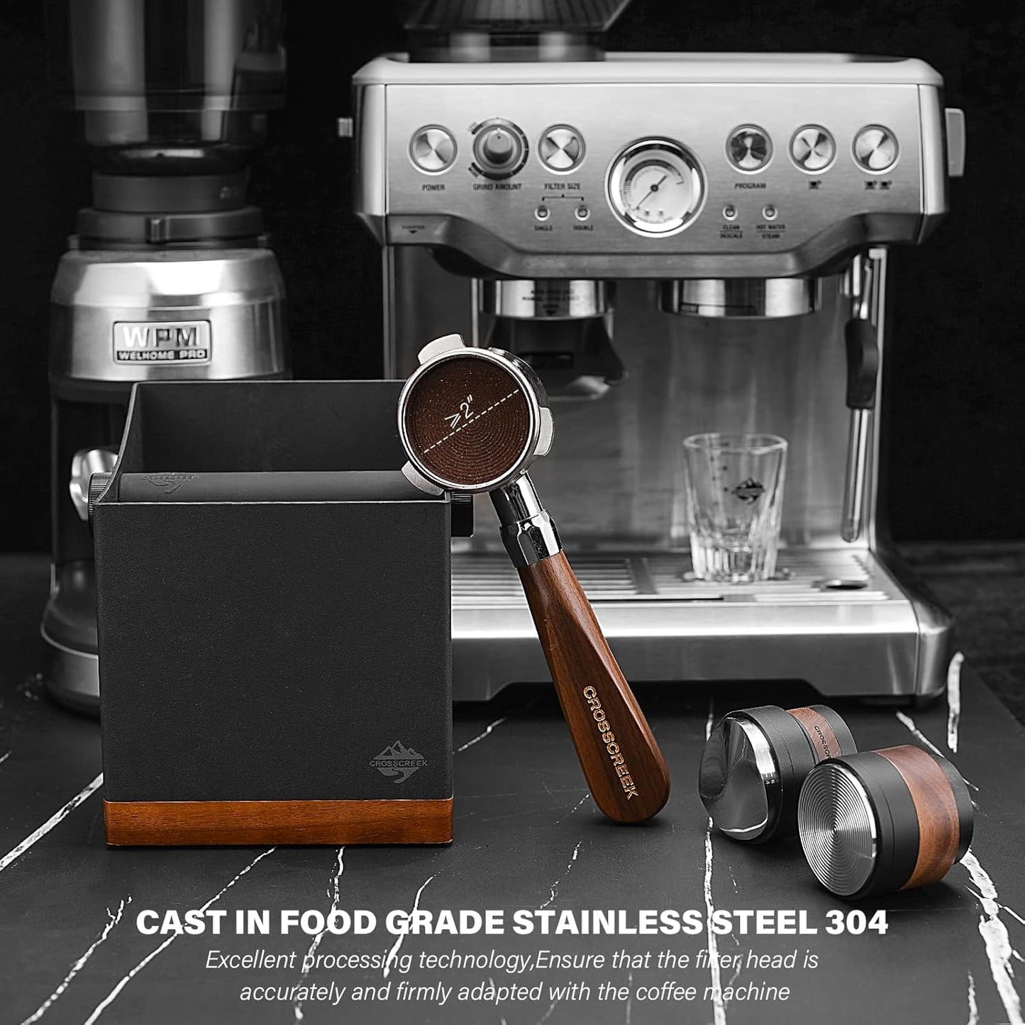 Espresso Portafilter | 54mm Bottomless Portafilter with 3 Ear and Walnut Handle | Fits 54mm Breville Bambino/Barista/Infuser BES450, BES500, BES880, BES810BSS, BES860XL, BES870XL, BES878