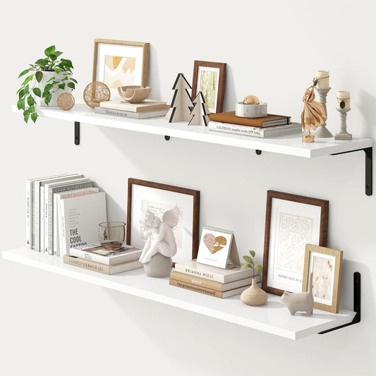 Fun Memories Deep Floating Shelves, 48W x 8D Floating Shelves Set of 2, Wall Mounted Shelf with Metal Brackets, Rustic Wood Wall Shelf for Bathroom, Kitchen and Living Room, White