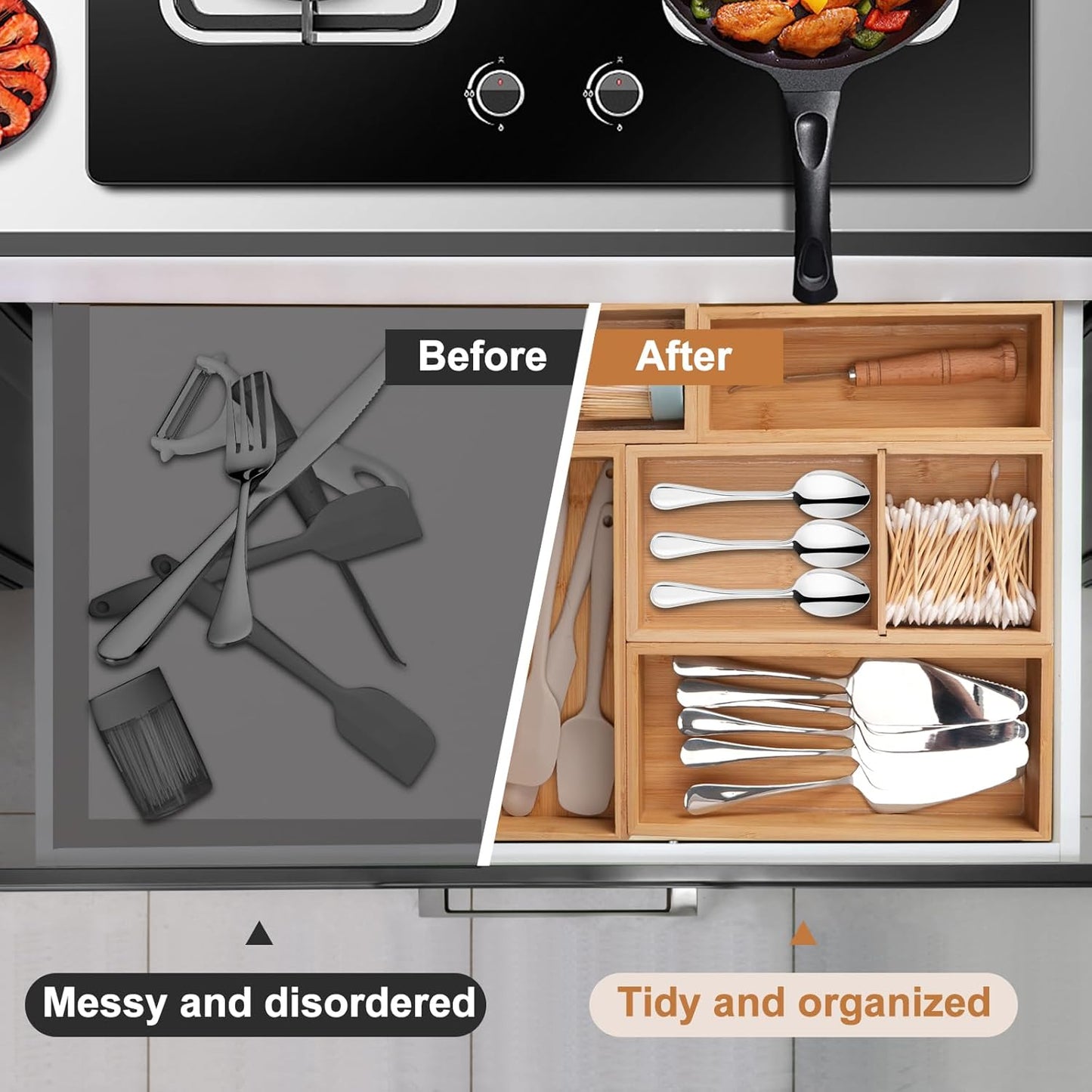 Bamboo Drawer Organizer 5 Pcs for Kitchen Multi-purpose Storage Dividers for Kitchen, Office, Jewelry, Cosmetics, Wooden Drawer Dividers for Drawer Organizer Desk Organizer Gift for Women Gifts Idea