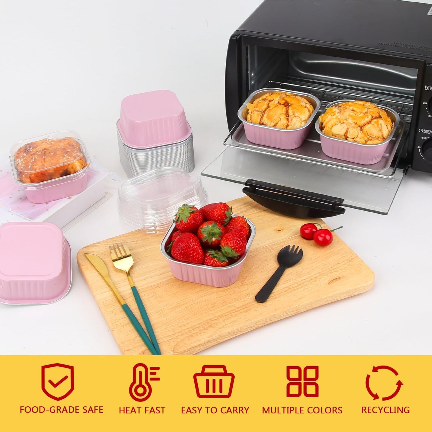 120pack/10oz Mini Cake Foil Pans with Lids,LNYZQUS 4”x4” Large Cupcake Pan Disposable Ramekins,Small Brownie Baking Cups Square Muffin Tin Cheesecake Containers Holders-Pink