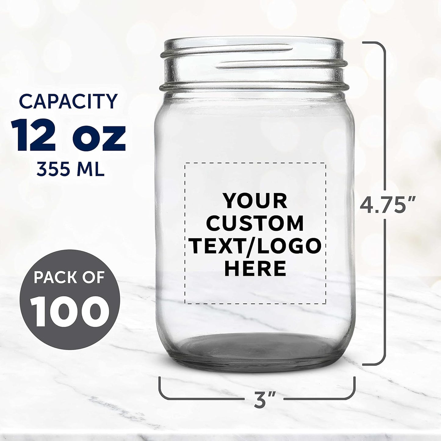 DISCOUNT PROMOS Custom Decorating Mason Jars 12 oz. Set of 100, Personalized Bulk Pack - Glass Jars for Overnight Oats, Candies, Fruits, Pickles, Spices, Beverages - Black