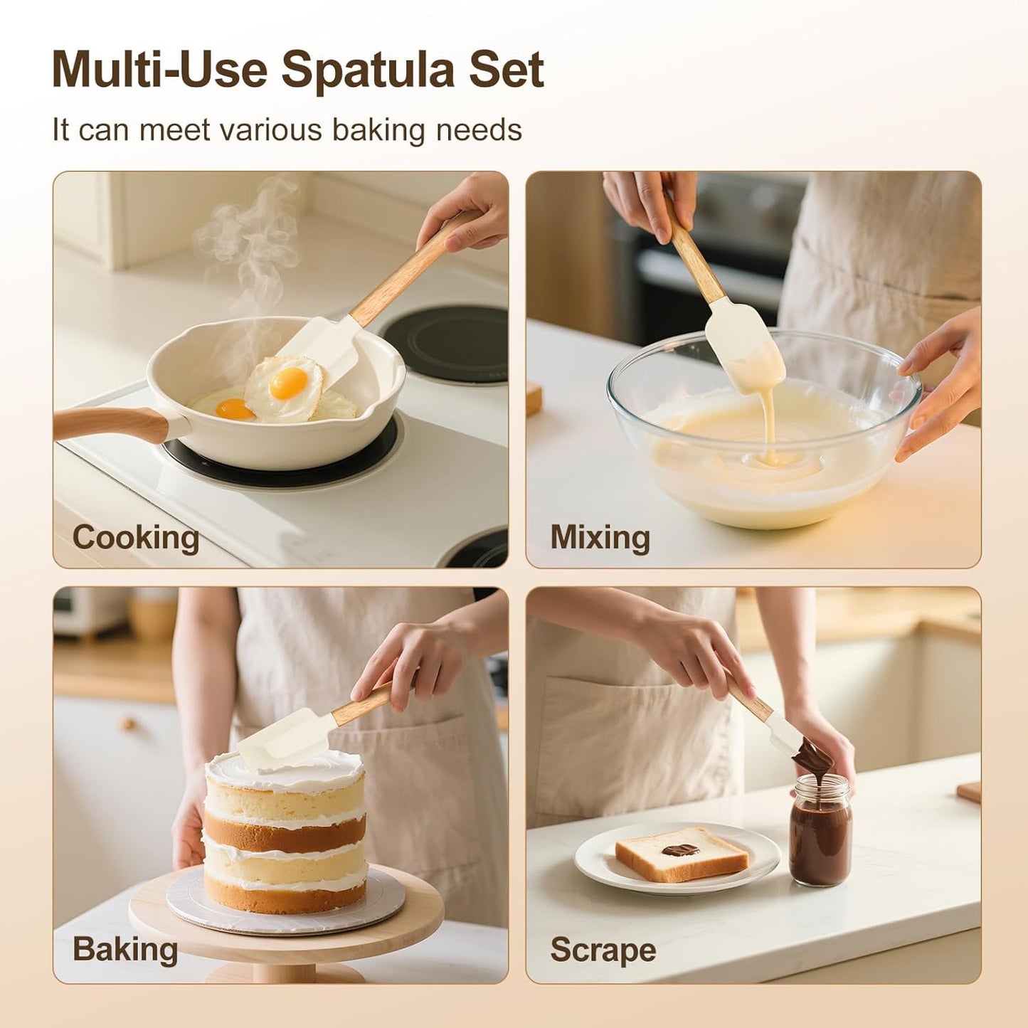 4 Piece Silicone Spatula Set - Food Grade Rubber Spatulas, Nonstick Spoonula & Jar Scraper for Cooking, Baking, Mixing, Frosting - Heat Resistant Up to 600°F, Dishwasher Safe