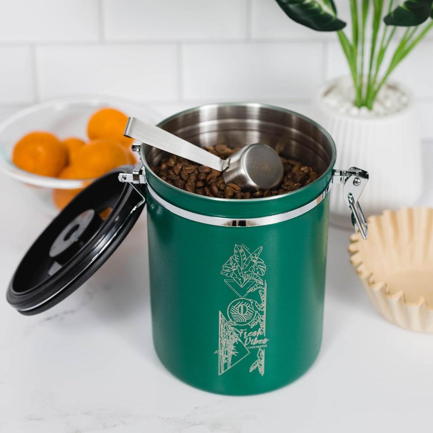 38oz / 22oz Coffee Canister – Airtight Stainless Steel Storage Container with Date Tracker & Scoop, Sealed Jar for Grounds, Beans, Tea, Flour, Cereal, and Sugar (Green Vibes, 22OZ)