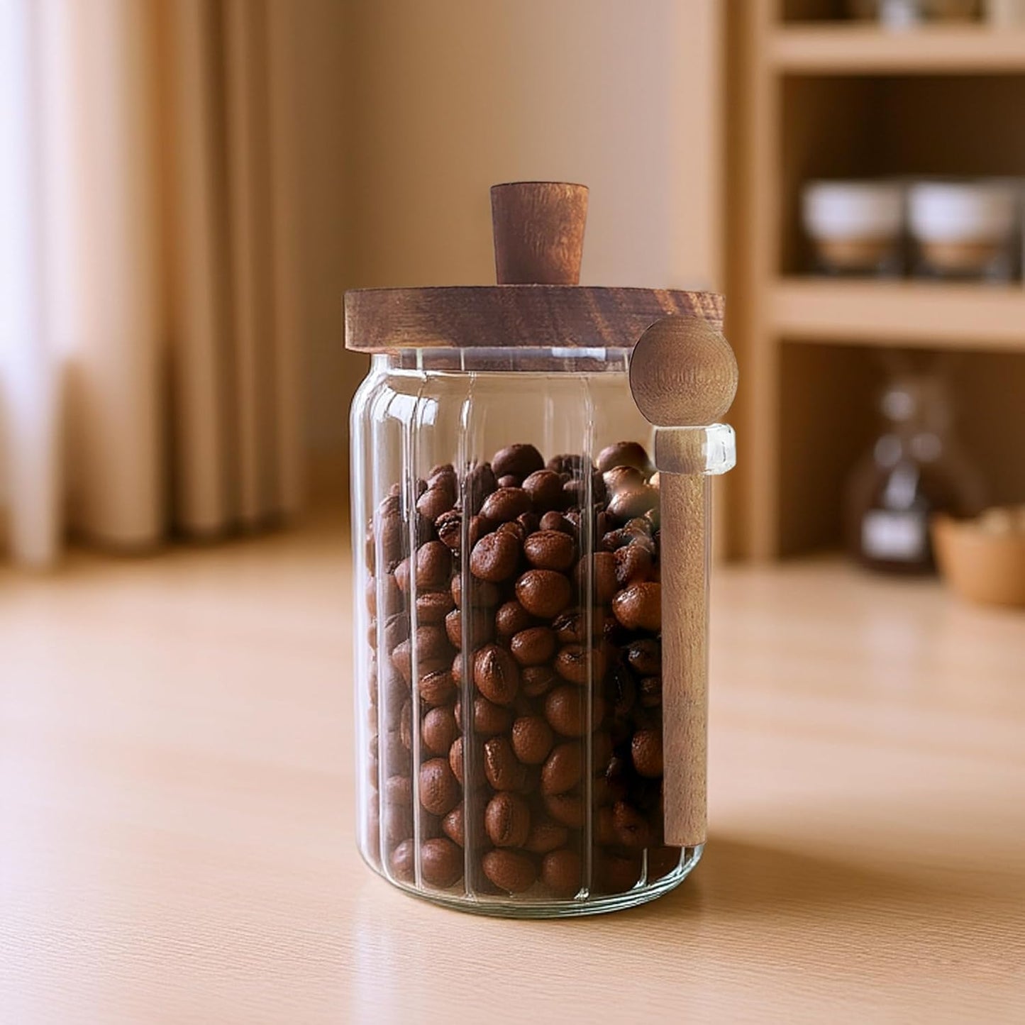 Glass Food Storage Jars with Handles Wood Lid and Spoon, 25 oz Glass Kitchen Canisters for Coffee, Tea, Cereal, Spice and Canning, Mason Jars, Cute Jar