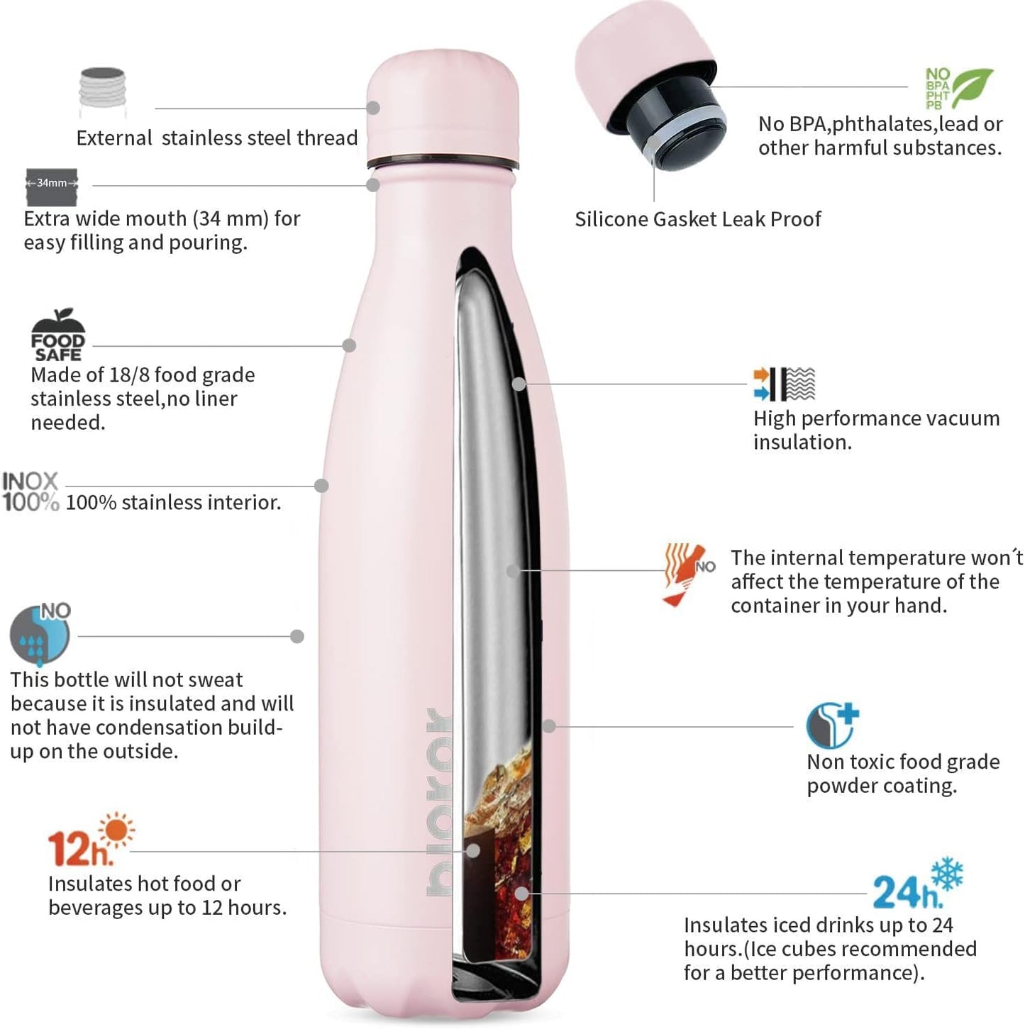 BJPKPK Stainless Steel Water Bottles 17oz Insulated Water Bottle Keep Cold And Hot,Sakura Pink