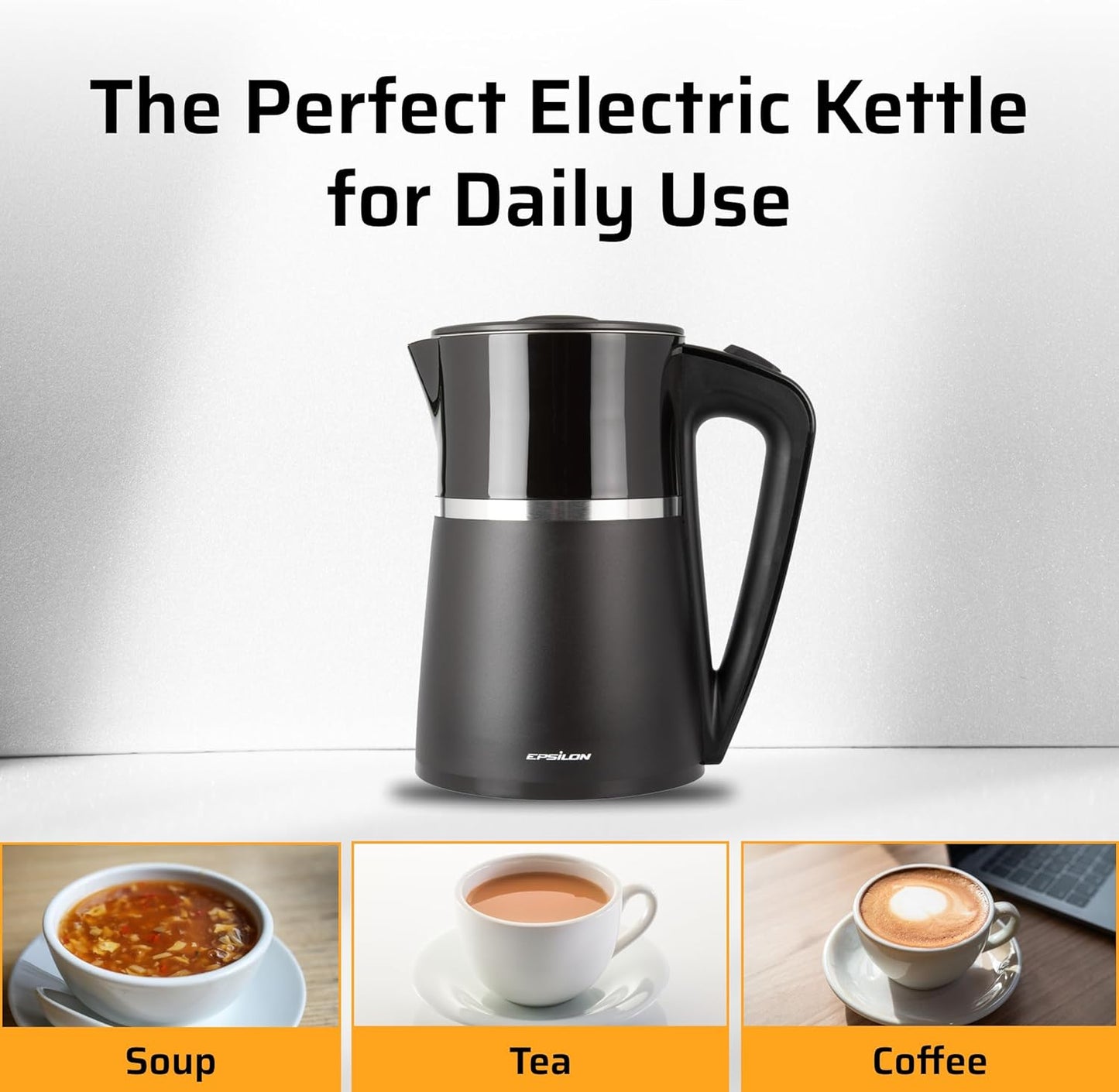 Epsilon Double Wall Electric Kettle 1500W – 1.7L Hot Water Tea Kettle & Hot Water Boiler with Auto Shut-Off, Boil Dry Protection, BPA-Free Stainless Steel Electric Teapot Fast Boil, Cool Touch Design