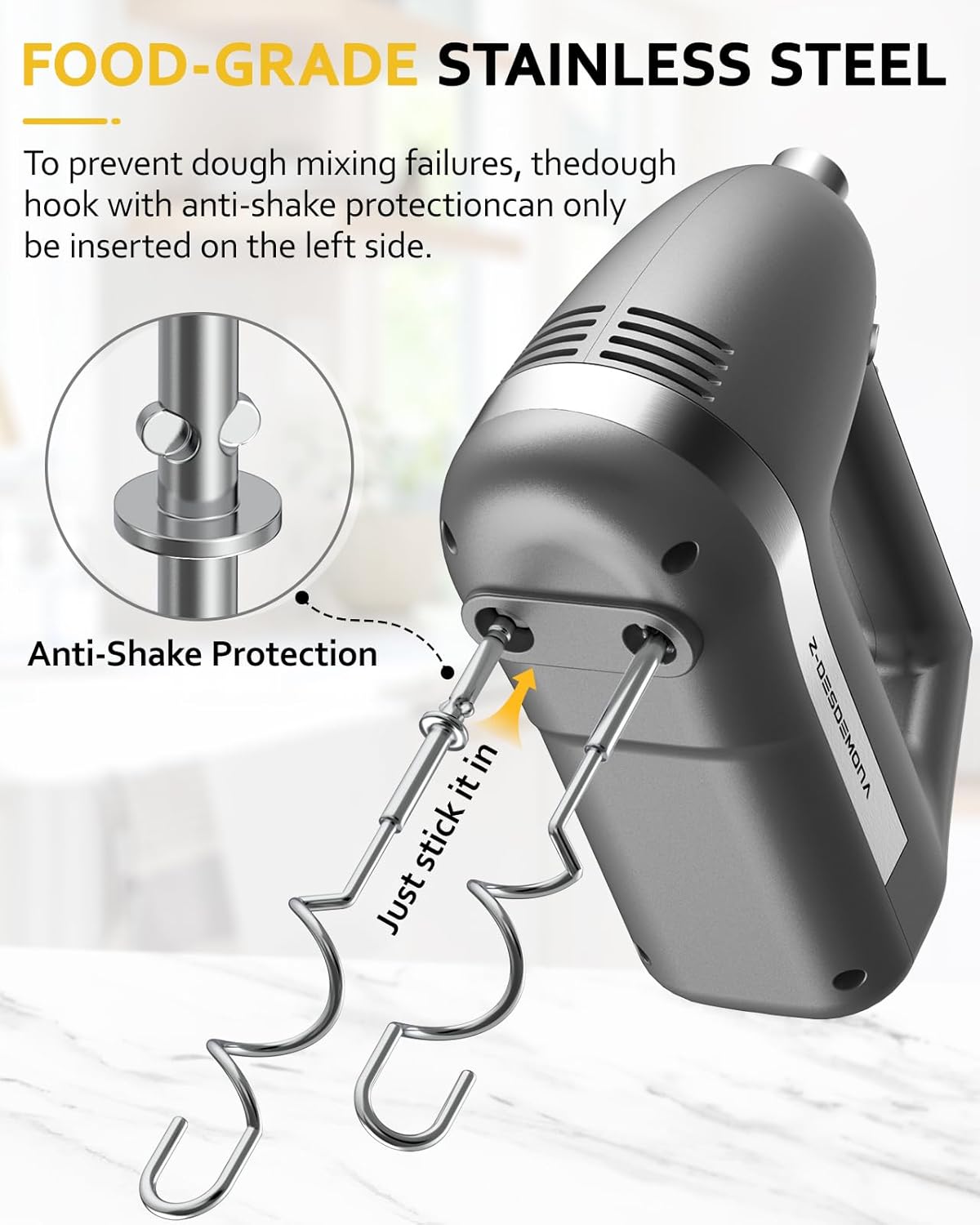 Electric Hand Mixer, Powerful Hand Mixer Electric Handheld with 304 Beaters, Dough Hook,Hand Held Mixer with Turbo for Baking Cakes, Eggs, Cream Food(Grey)