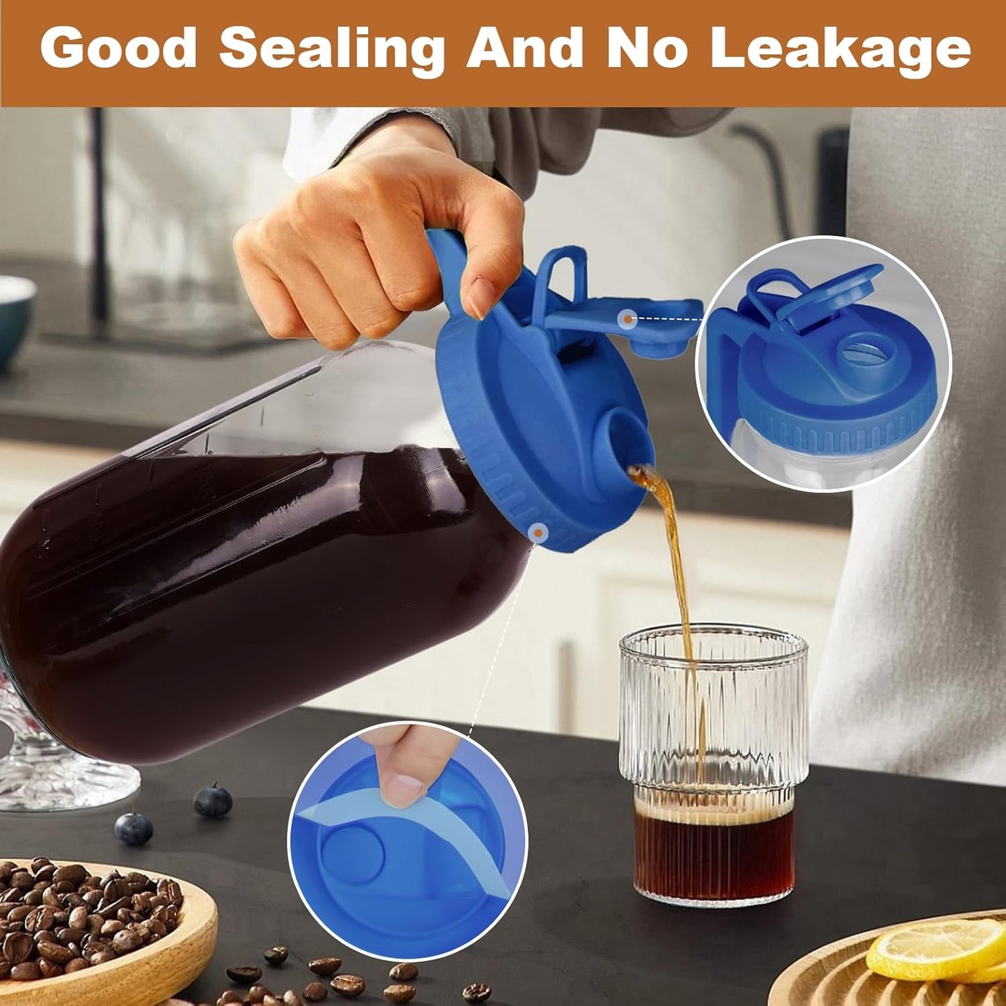 Cold Brew Coffee Maker,64 oz Mason Jar Pitcher with Stainless Steel Filter, Pour Spout Handle Lid, Heavy Duty Glass Airtight & Leak-Proof Pitcher for iced coffee Tea Lemonade -Blue