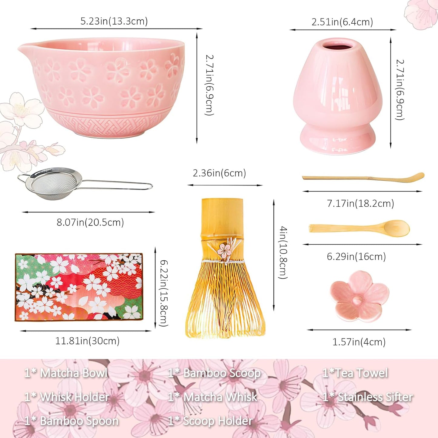 8 Pcs Matcha Whisk Set: Pink Matcha Tea Set Includes Ceramic Bowl, Whisk and Holder, Bamboo Scoop, Scoop Rest, Sifter and Tea Towel - Matcha Making Kit for Matcha Lovers
