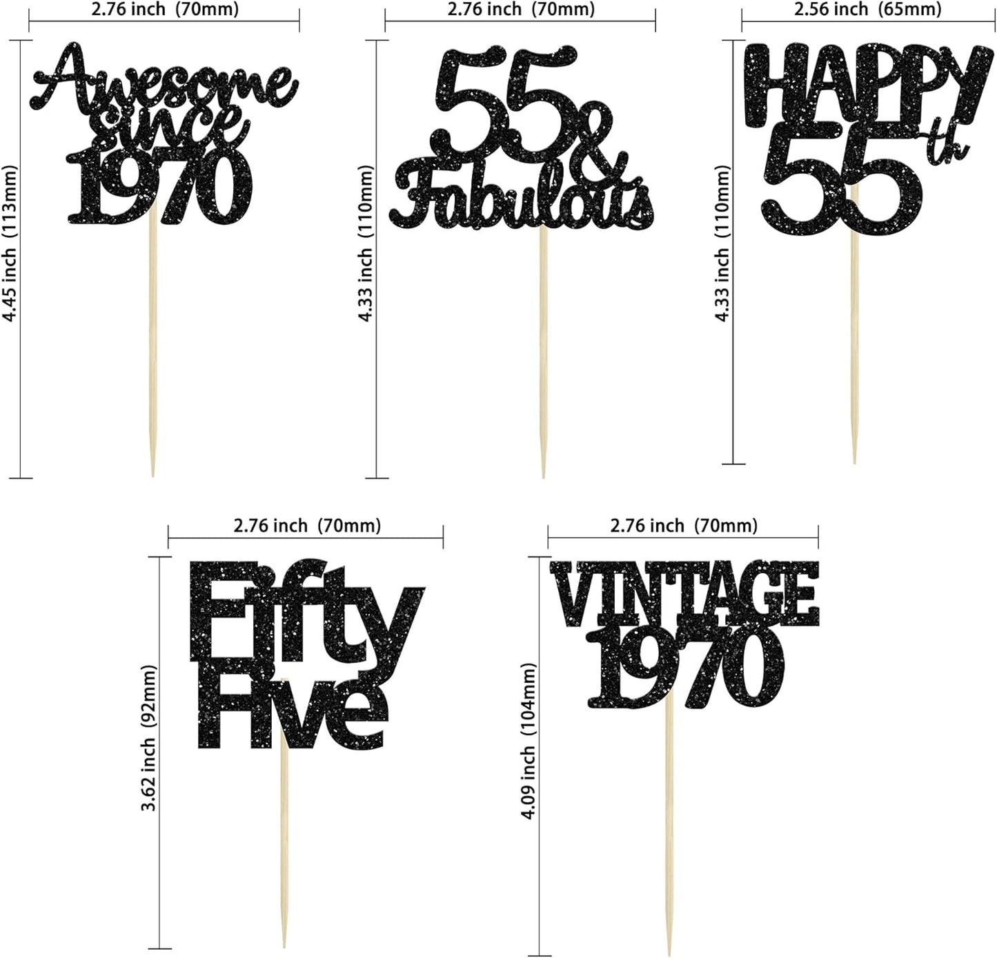 Gyufise 30 Pack Black Glitter Vintage 1970 Cupcake Toppers Glitter 55 Fabulous Happy 55 Cheers to 55 Years Birthday Cupcake Picks 55th Birthday Anniversary Cake Decorations Supplies