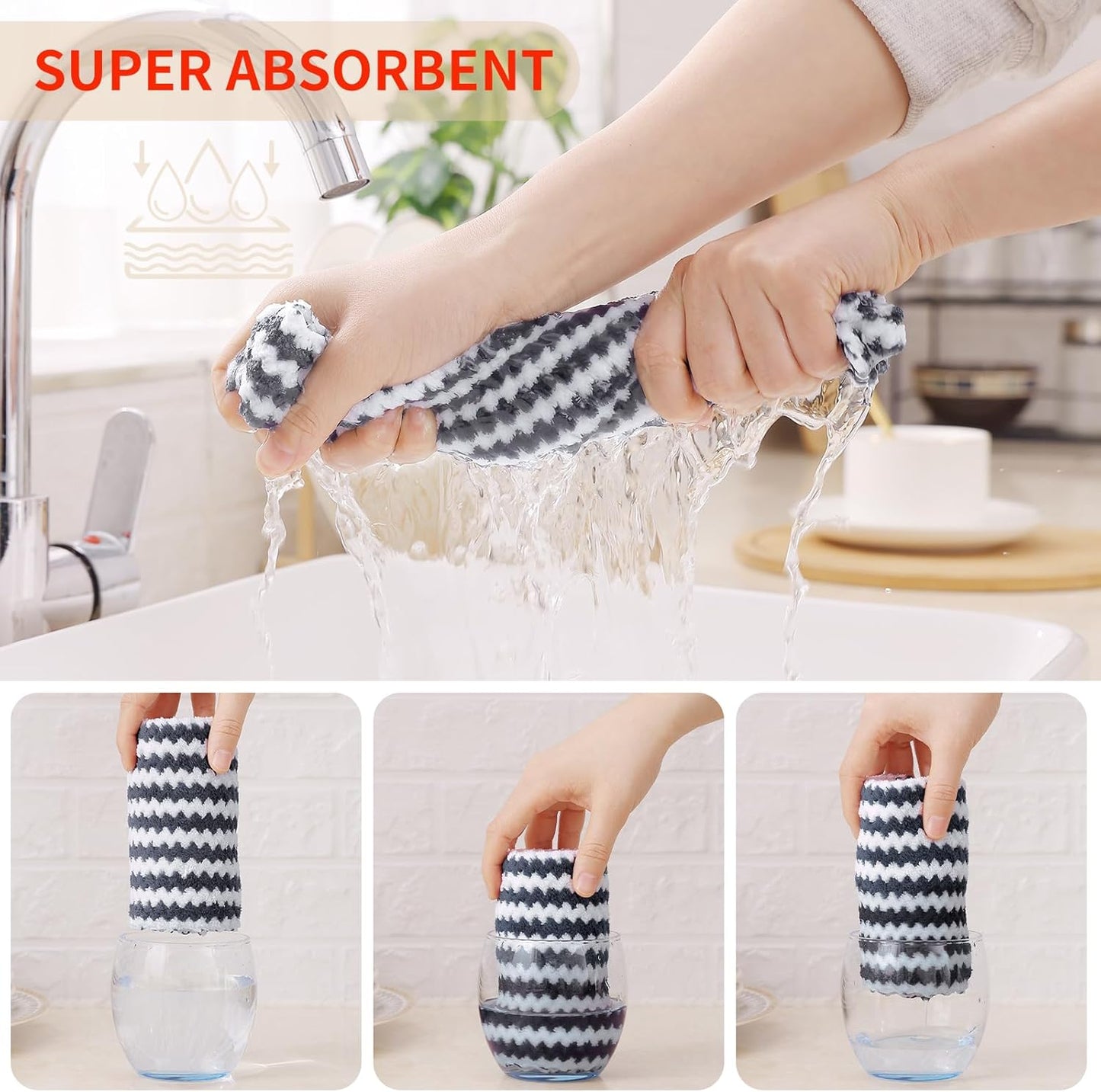 Homaxy 18 Pack Kitchen Dish Cloths, Ultra Soft and Absorbent Dish Towels, Reusable Fast Drying Microfiber Cleaning Cloth, Coral Velvet Wave Design No-lint, 10 x 10 inches, Dark Grey