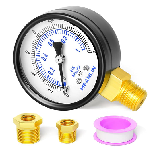 MEANLIN MEASURE 0-15Psi 2" DIAL FACE 1/4" NPT Well Pump Pressure Gauge, with 1/2" NPT and 3/8" NPT Hex Bushing, 3-2-3% Accuracy, Lower Mount