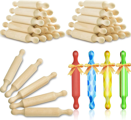 Suclain 30 Pcs Wooden Mini Rolling Pin Long Kitchen Baking Small Dough Rolling Pin for Children Fondant Pastry Pizza Crafting and Imaginative Play for Halloween and Christmas Presents (7 Inches)