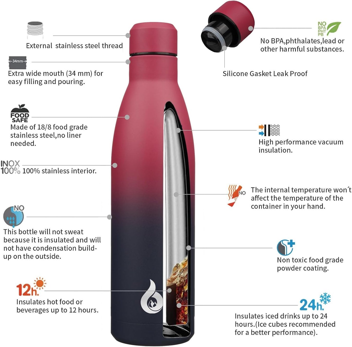BJPKPK 25oz Insulated Stainless Steel Water Bottles Reusable Metal Travel Sports Water Bottle Keep Cold and Hot,Charming Black Red