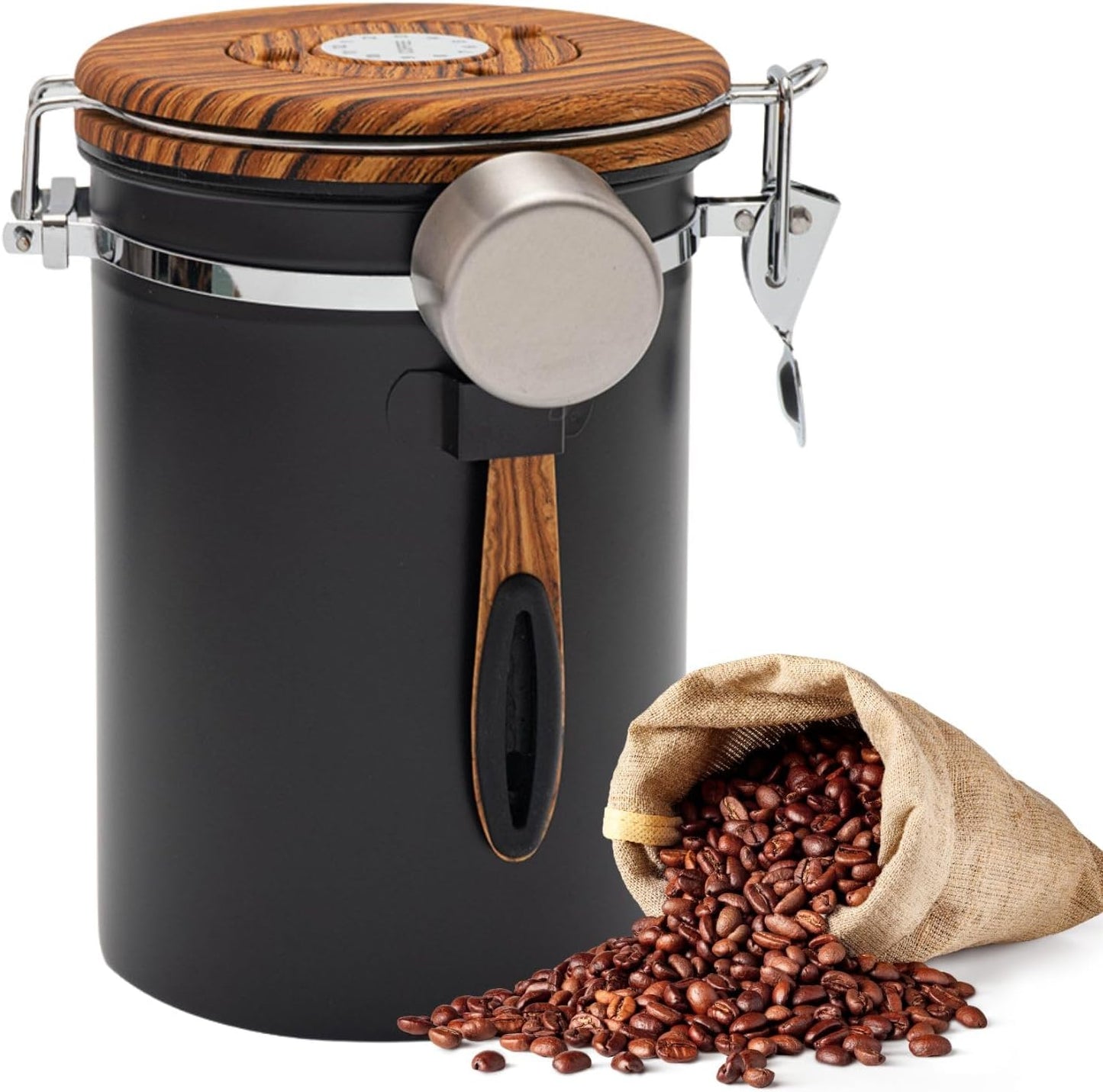 Airtight Coffee Canister 1.8L with Wooden Lid Scoop Set, 304 Stainless Steel Food Storage Container with CO₂ Valve, for Beans, Grounds, Tea, Sugar, Flour, Nuts (Black,1.8L)