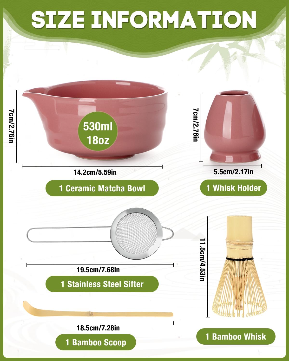 5PCS Matcha Set - 17OZ Ceremonial Bowl with Spout, Bamboo Whisk (Chasen), Stainless Sifter, Scoop & Holder, Matcha Kit for Matcha Lovers, Pink