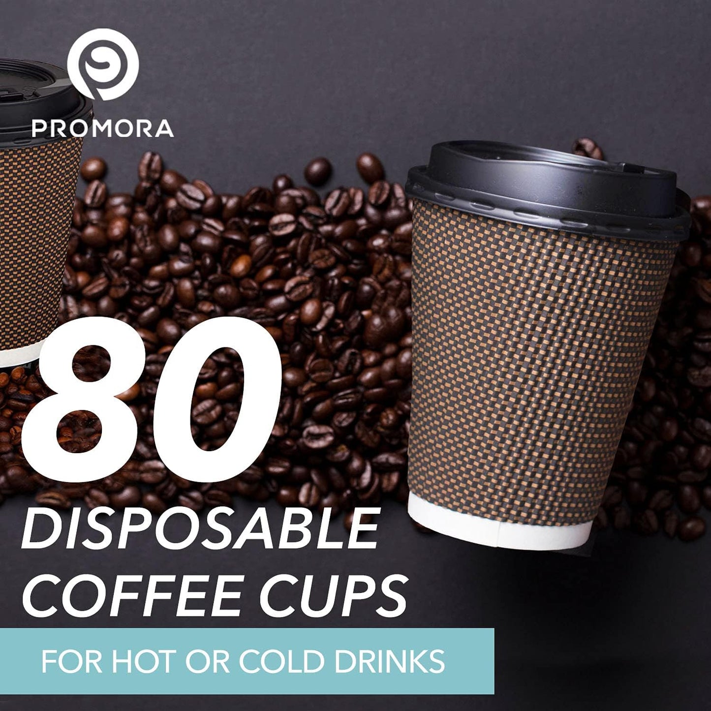 Promora Brown Disposable Coffee Cups With Lids 12 oz, Premium Insulated Paper Ripple Cups for Hot Coffee, Paper Cups 12 oz Coffee Cups 12 oz, Paper Coffee Cup with Lids (80 Pack)