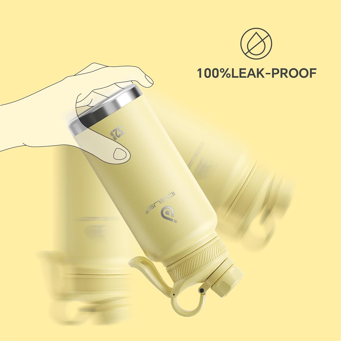 IDEUS Insulated Stainless Steel Water Bottle with 2 Leak-Proof Lids, Thermal Water Flask for Hiking Biking, 32oz, Light Yellow