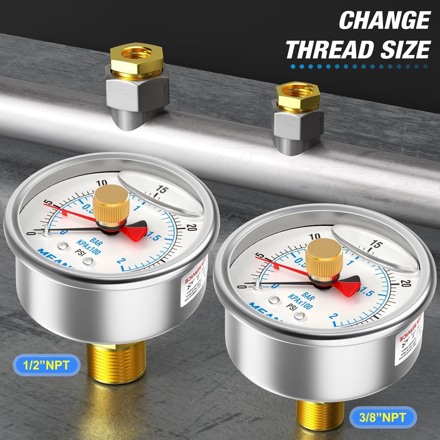 MEANLIN MEASURE 0~30Psi Stainless Steel 1/4" NPT 2.5" FACE DIAL with Reset Pointer Liquid Filled Pressure Gauge WOG Water Oil Air, Back Mount, with Brass Hex Bushing