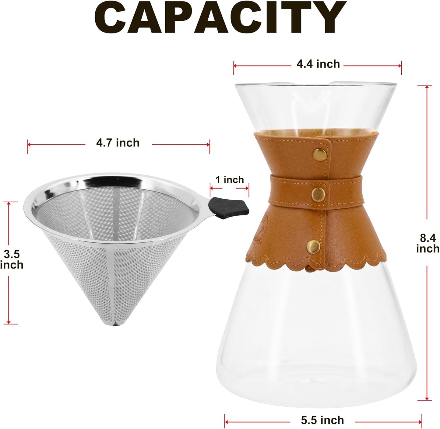 34oz Pour Over Coffee Maker with Double Layer Stainless Steel Filter, Borosilicate Glass Dripper, Detachable Heat-Resistant Leather Pad 7-8 Cups Coffee Maker Carafe（Light brown）