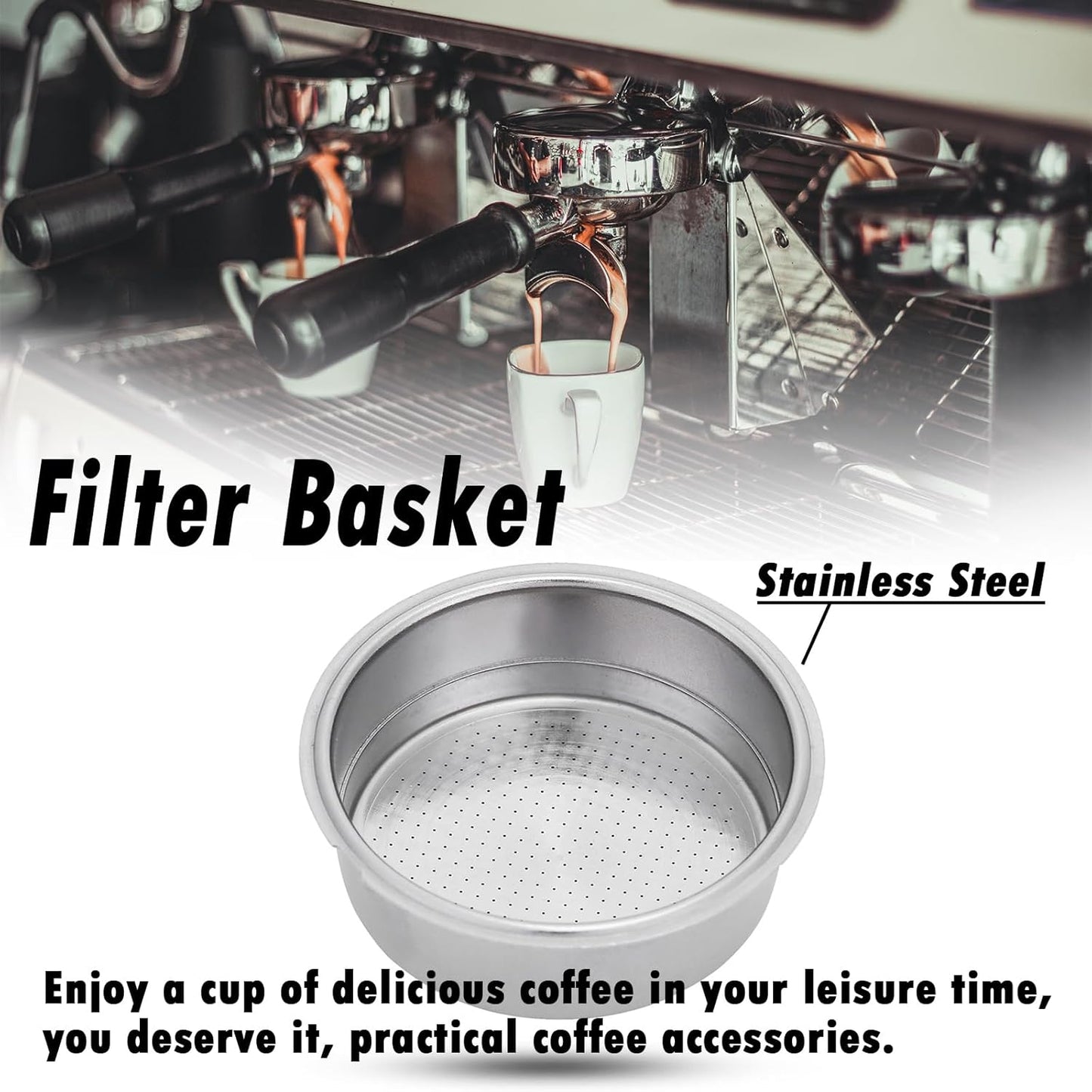 51mm Stainless Steel Coffee Filter Double Layer Filter Basket Stainless Steel Portafilter Basket Espresso Handle Compatible for Portafilter Coffee Machine(Double Cup)