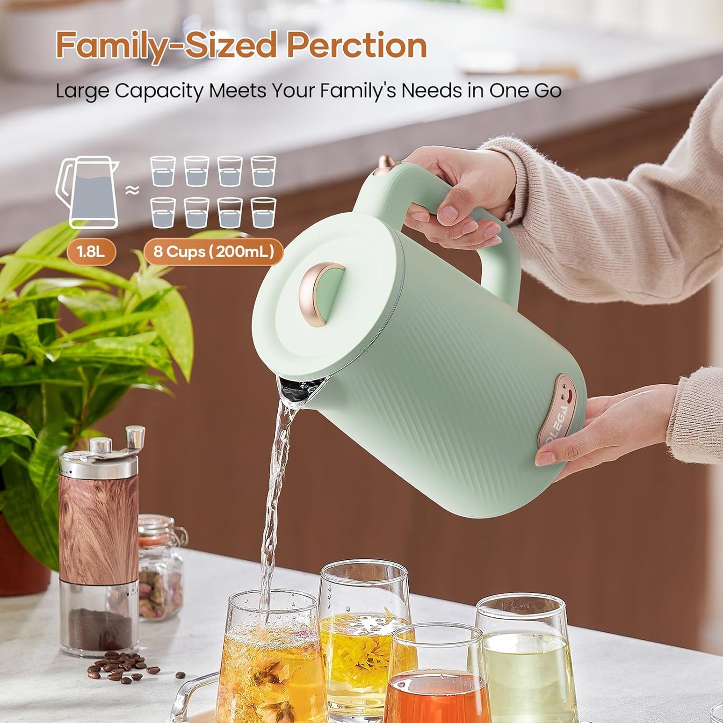 OLEGA Electric Kettle - 1500W Electric Tea Kettle 1.8L Stainless Steel Inner Electric Kettles for Boiling Water Auto Shut Off Boil-Dry Protection Electric Water Kettle for Coffee Tea Green