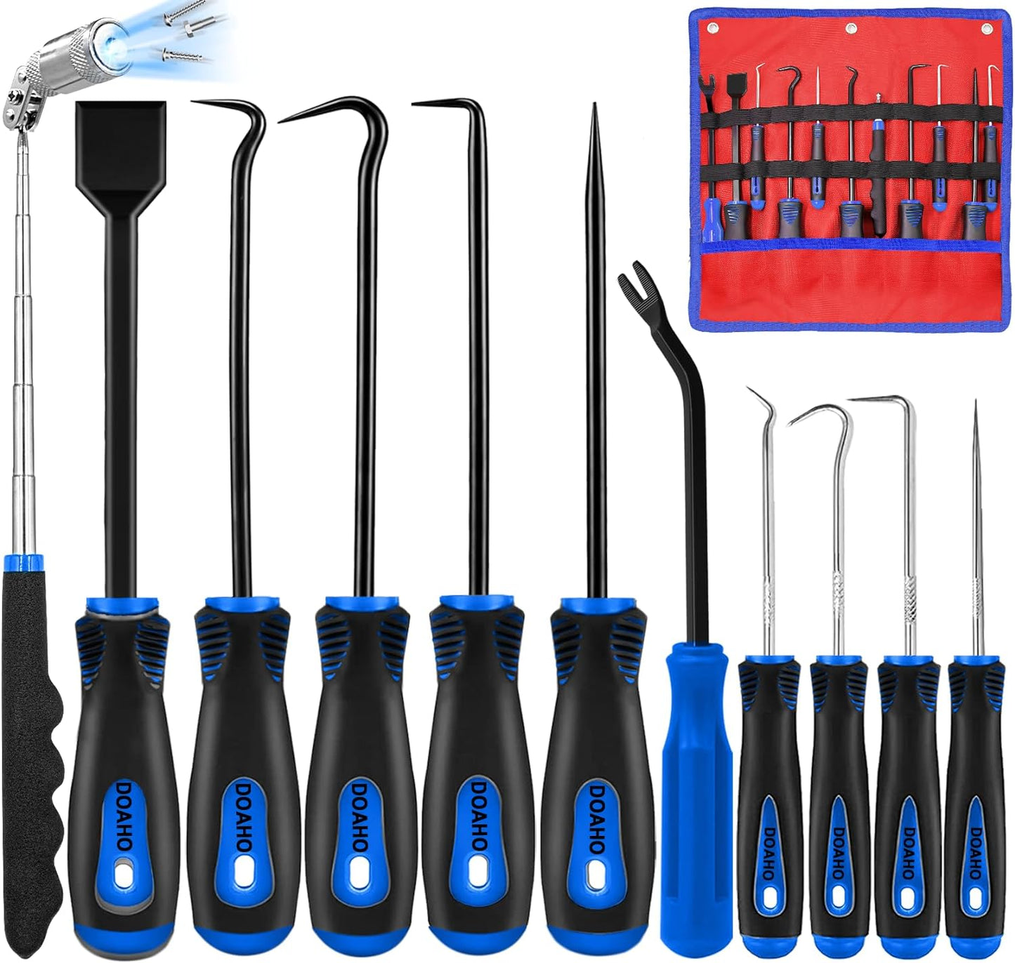 11 Pcs Automotive Hook and Pick Tool Set with Telescoping Magnetic Pickup Gasket Scraper Remover Pry for Mechanic Auto Oil Seal O Ring Repair,Gifts for Husband or Father