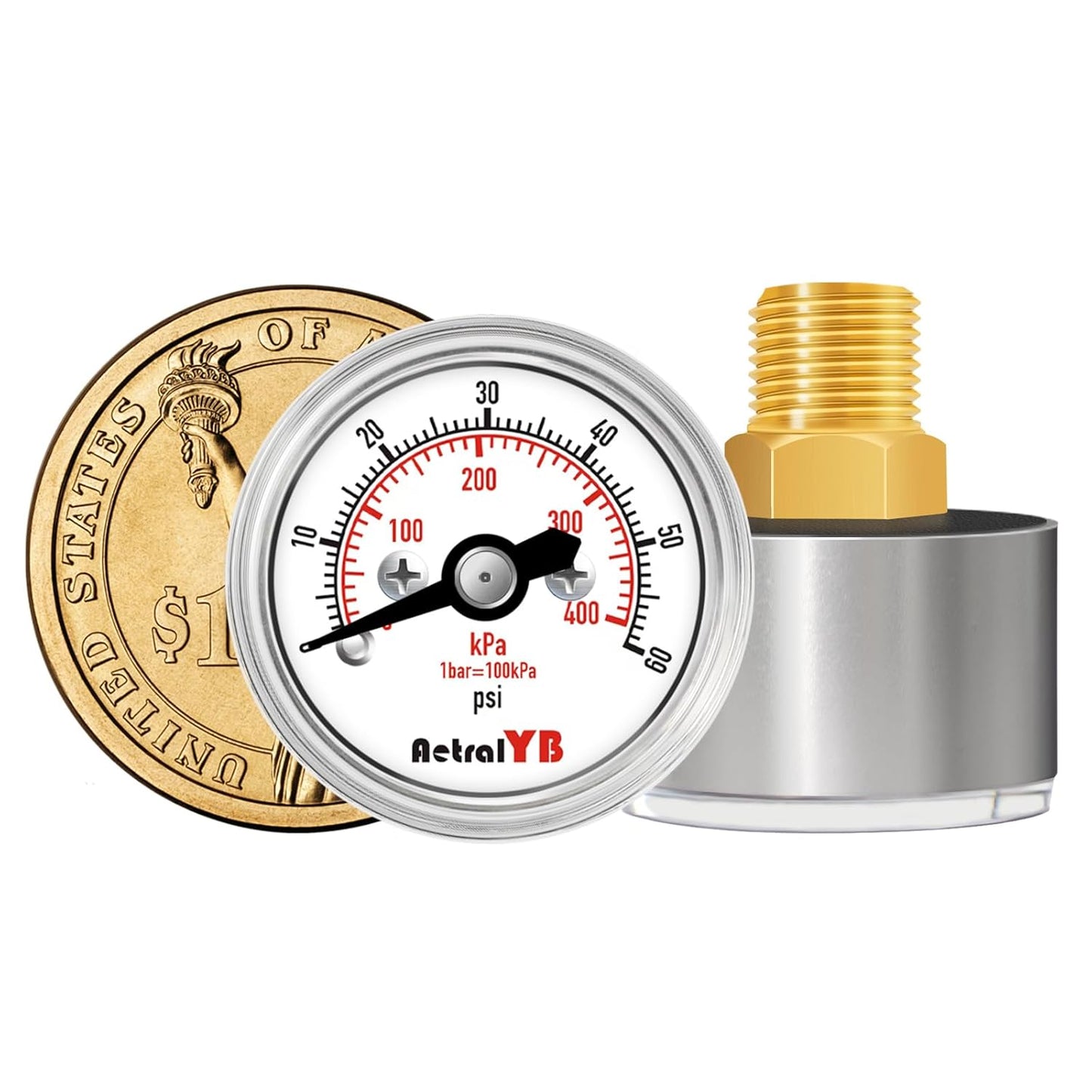 0-60Psi/400Kpa Pressure Gauge, 1 Inch Dial, 1/8" NPT Back Mount, Mini Air Pressure Gauge, 304 Stainless Steel Case, for Water Pumps, Air Compressors Pressure Test